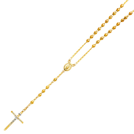 5.0mm 14K Yellow Gold Mirrorball DC Rosary Necklace with Virgin Guadalupe Medallion 26 in