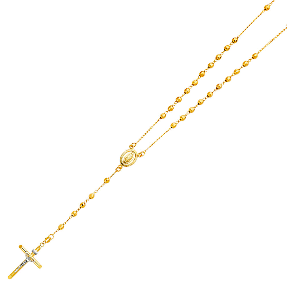 4.0mm 14K Yellow Gold Mirrorball DC Rosary Necklace with Virgin Guadalupe Medallion 26 in