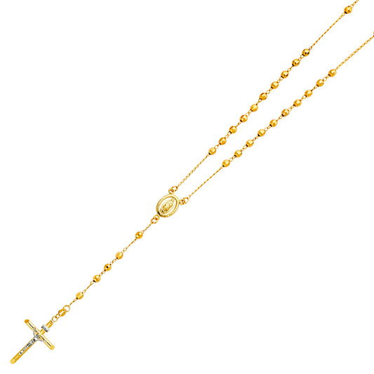 4.0mm 14K Yellow Gold Mirrorball DC Rosary Necklace with Virgin Guadalupe Medallion 26 in