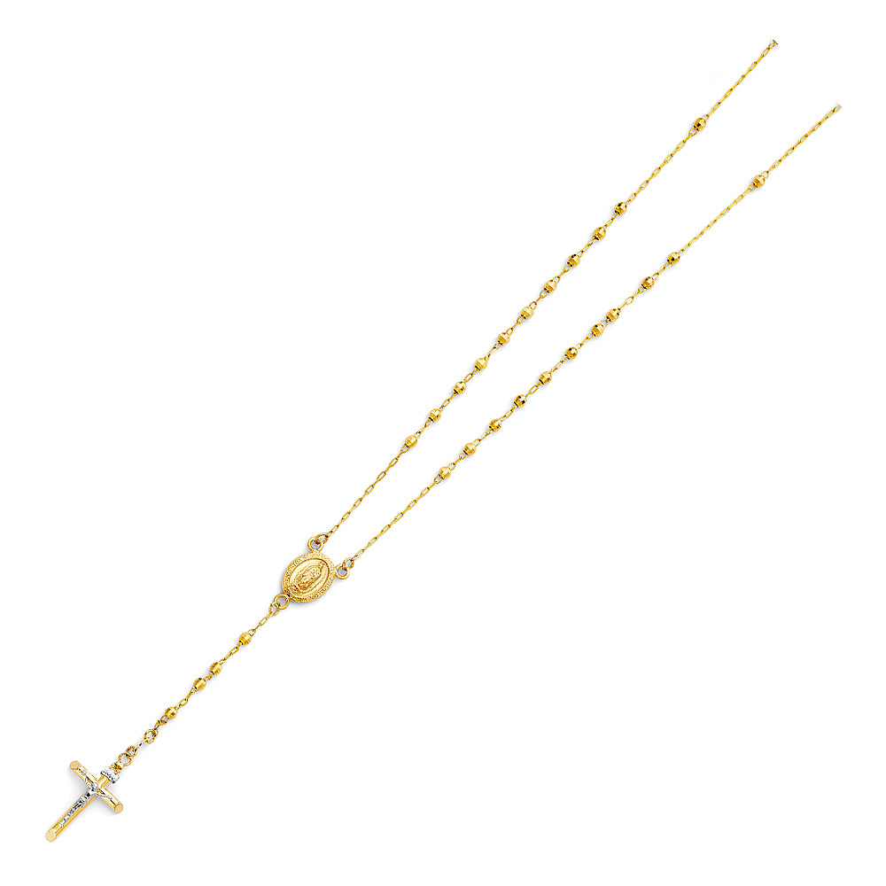 3.0mm 14K Yellow Gold Mirrorball DC Rosary Necklace with Virgin Guadalupe Medallion 26 in