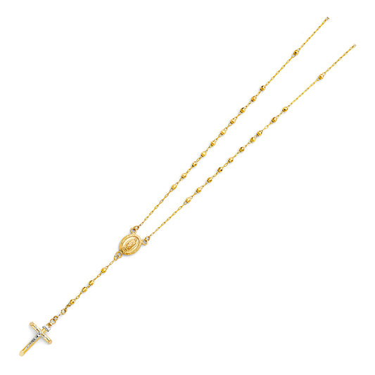 3.0mm 14K Yellow Gold Mirrorball DC Rosary Necklace with Virgin Guadalupe Medallion 26 in