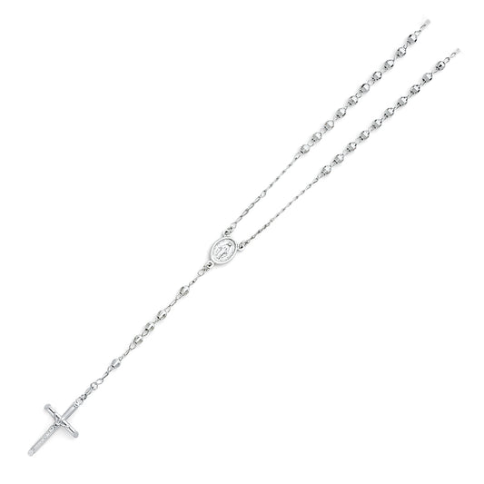 4.0mm 14K White Gold Mirrorball DC Rosary Necklace with Miraculous Virgin Medallion 26 in