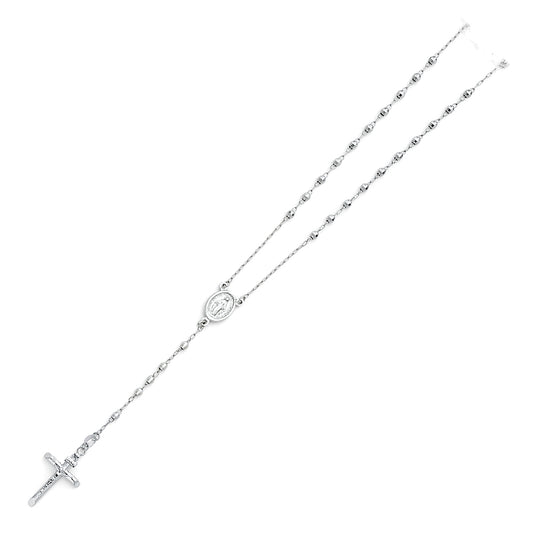 3.0mm 14K White Gold Mirrorball DC Rosary Necklace with Miraculous Virgin Medallion 26 in