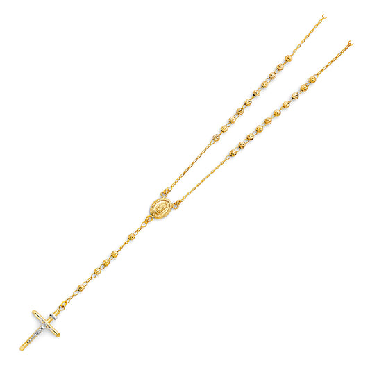 4.0mm 14K Yellow Gold Moon Cut Rosary Necklace with Virgin Guadalupe Medallion 26 in