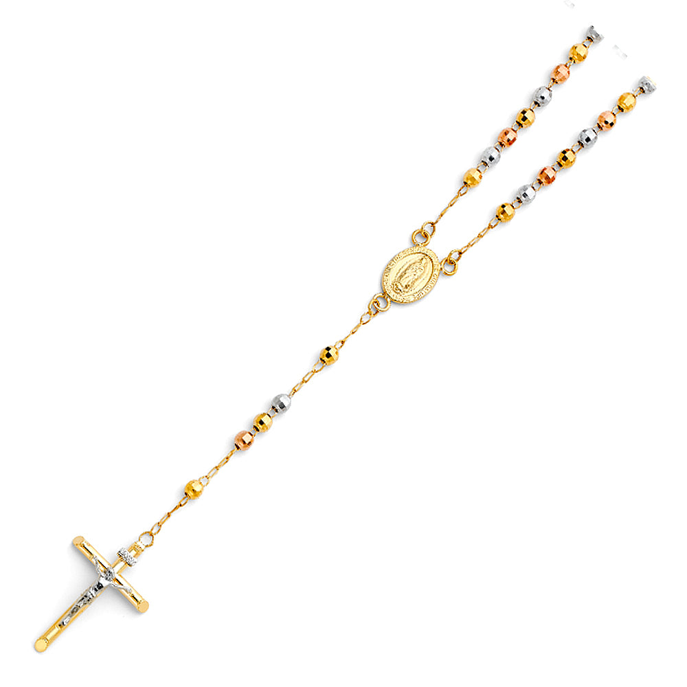 4.0mm 14K Tri-Color Gold Mirrorball DC Rosary Necklace with Virgin Guadalupe Medallion 20 in