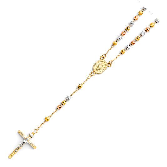 4.0mm 14K Tri-Color Gold Mirrorball DC Rosary Necklace with Virgin Guadalupe Medallion 20 in