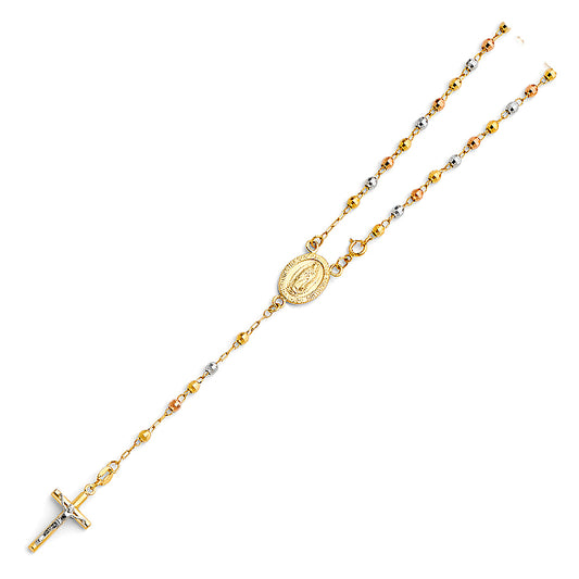 3.0mm 14K Tri-Color Gold Mirrorball DC Rosary Necklace with Virgin Guadalupe Medallion 18 in