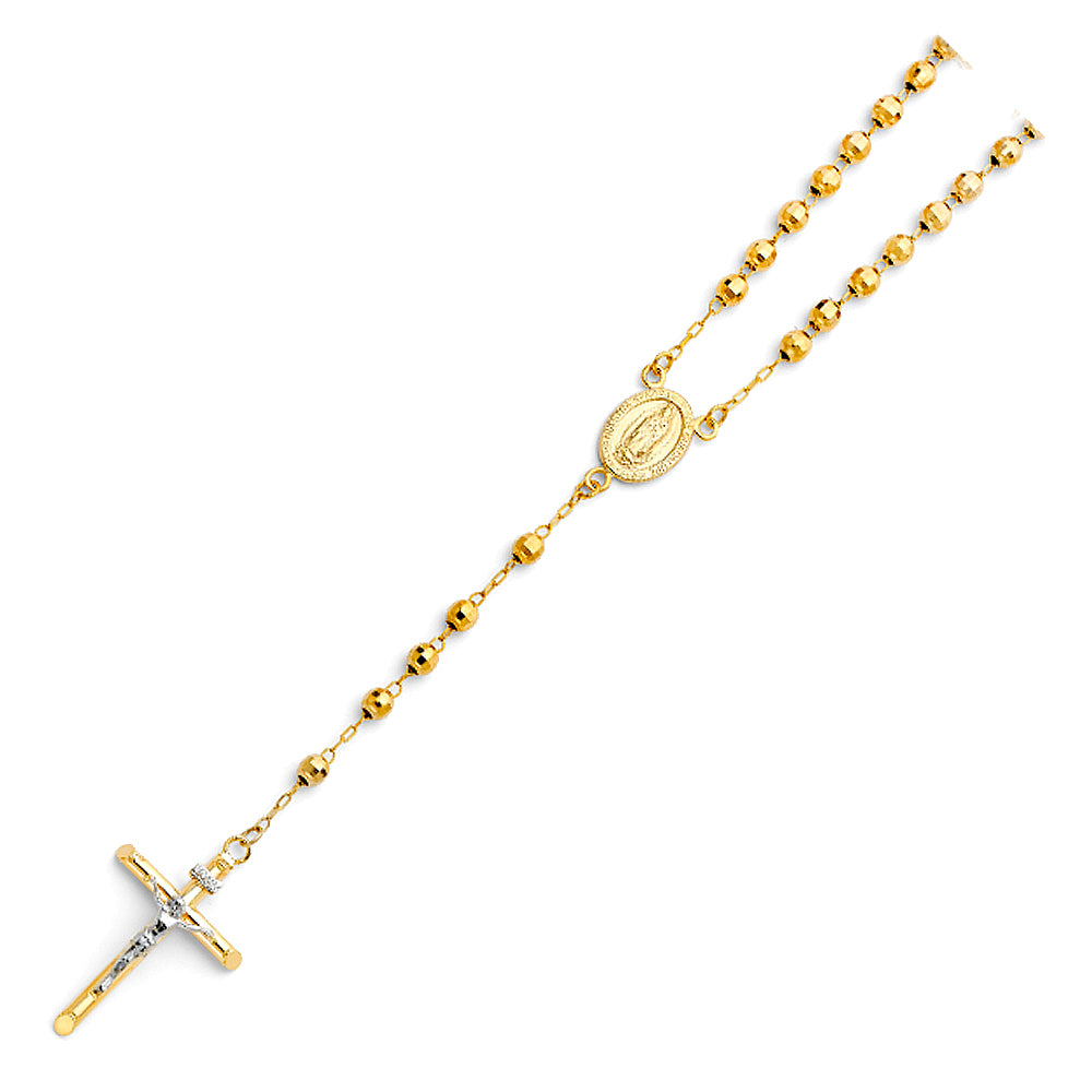 4.0mm 14K Yellow Gold Mirrorball DC Rosary Necklace with Virgin Guadalupe Medallion 20 in