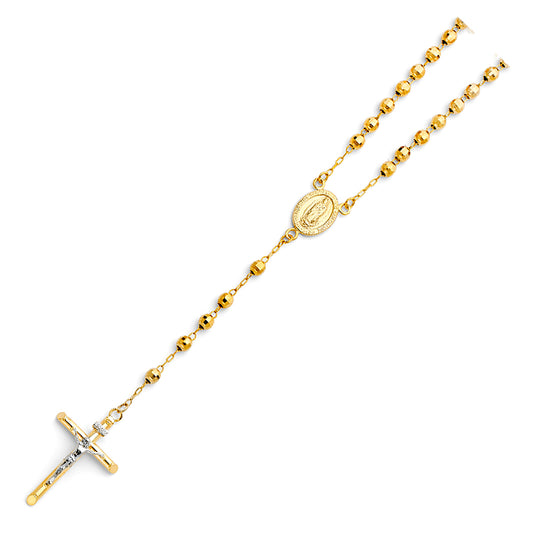 4.0mm 14K Yellow Gold Mirrorball DC Rosary Necklace with Virgin Guadalupe Medallion 20 in