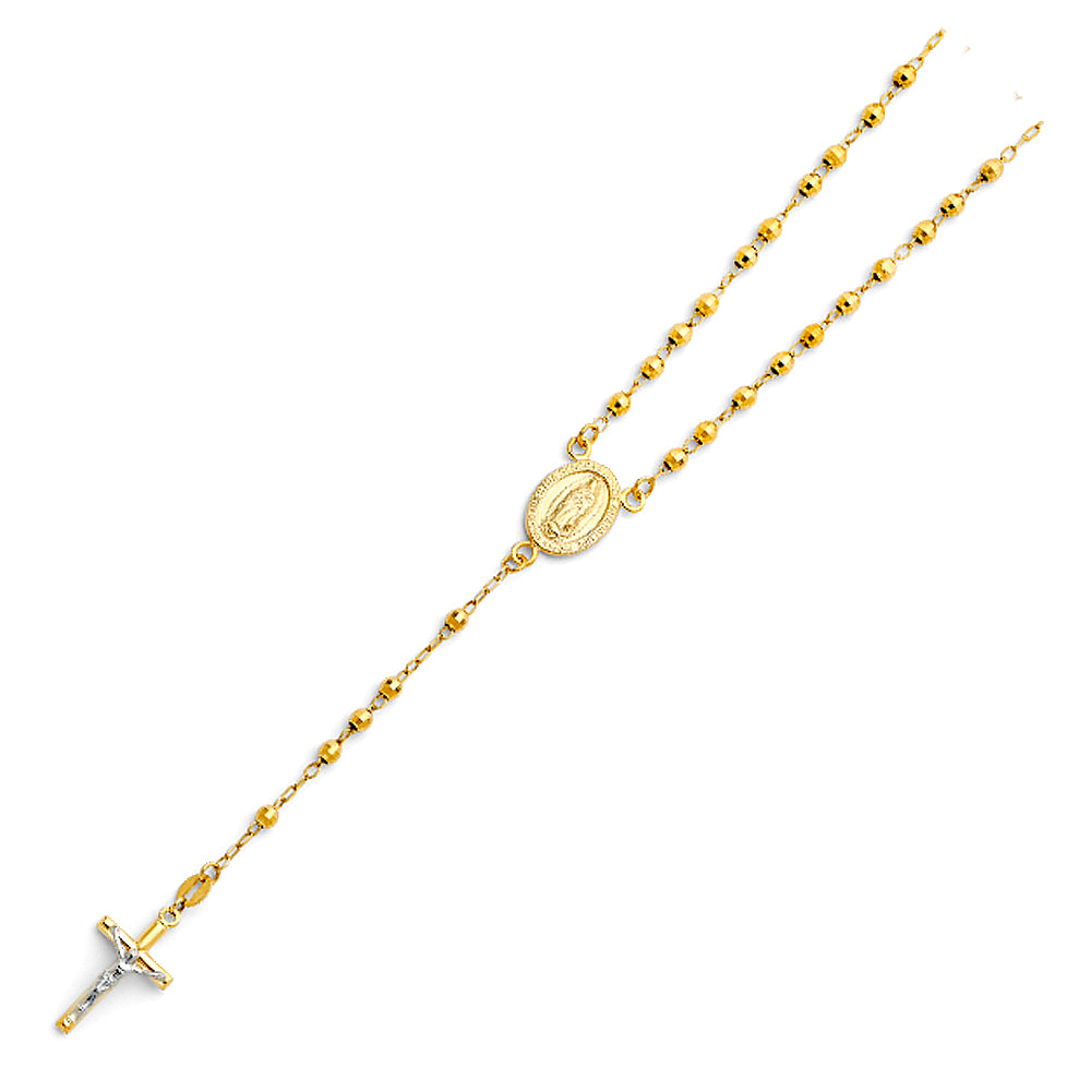 3.0mm 14K Yellow Gold Mirrorball DC Rosary Necklace with Virgin Guadalupe Medallion 18 in