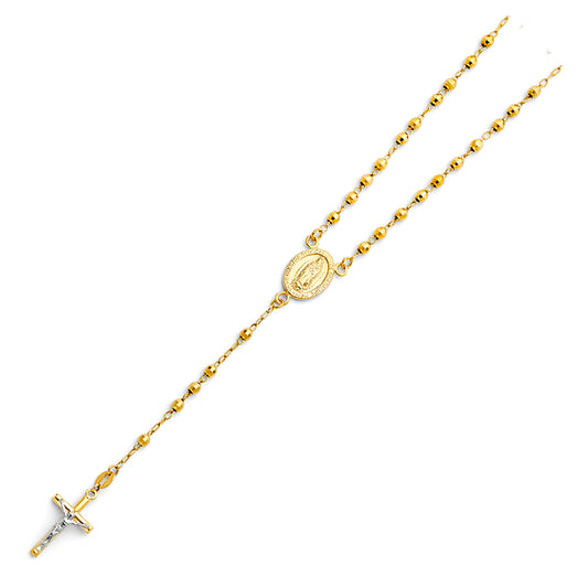 3.0mm 14K Yellow Gold Mirrorball DC Rosary Necklace with Virgin Guadalupe Medallion 18 in