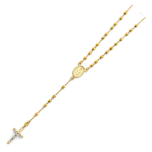 3.0mm 14K Yellow Gold Mirrorball DC Rosary Necklace with Miraculous Virgin Medallion 18 in