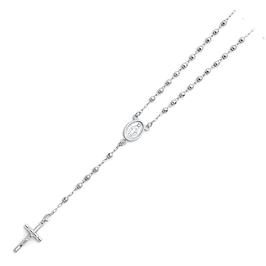 3.0mm 14K White Gold Mirrorball DC Rosary Necklace with Miraculous Virgin Medallion 18 in
