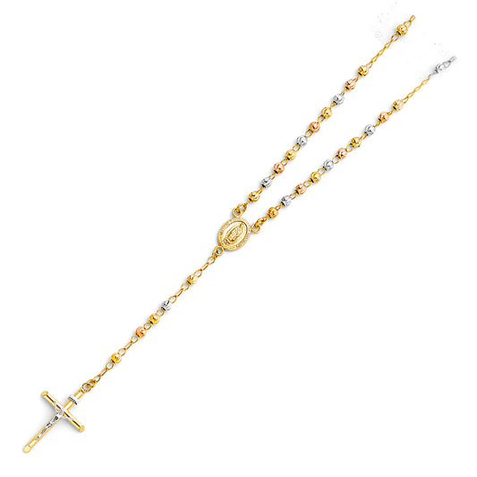 4.0mm 14K Tri-Color Gold Moon Cut Rosary Necklace with Virgin Guadalupe Medallion 20 in