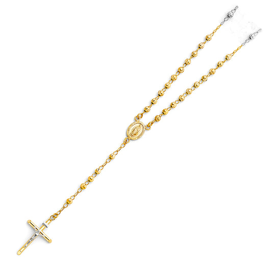 4.0mm 14K Yellow Gold Moon Cut Rosary Necklace with Virgin Guadalupe Medallion 20 in