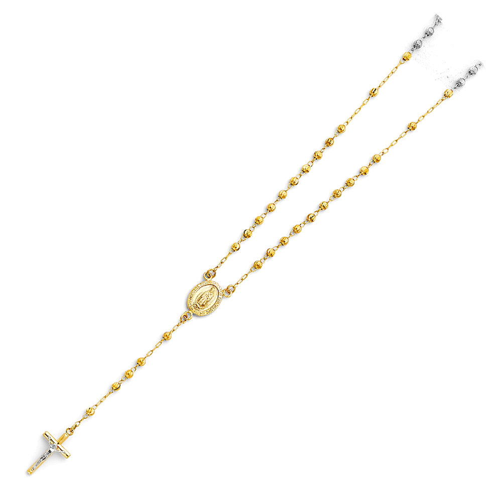 3.0mm 14K Yellow Gold Moon Cut Rosary Necklace with Virgin Guadalupe Medallion 18 in