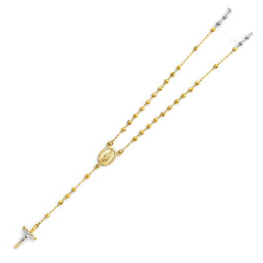 3.0mm 14K Yellow Gold Moon Cut Rosary Necklace with Virgin Guadalupe Medallion 18 in