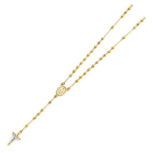 3.0mm 14K Yellow Gold Moon Cut Rosary Necklace with Miraculous Virgin Medallion 18 in