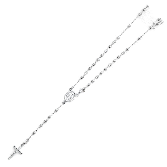 3.0mm 14K White Gold Moon Cut Rosary Necklace with Miraculous Virgin Medallion 18 in