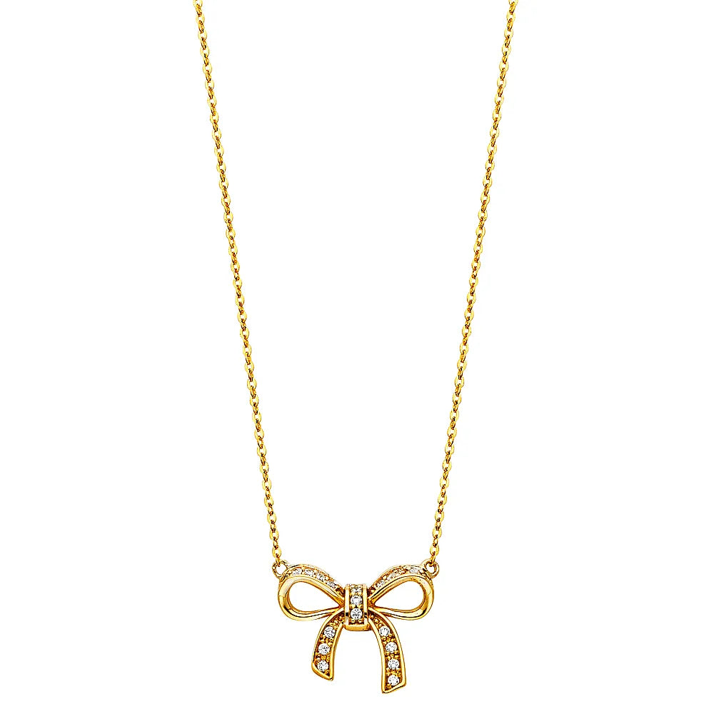 14K Yellow Gold Bow Design CZ Pendant Necklace – 17" + 1" Extender