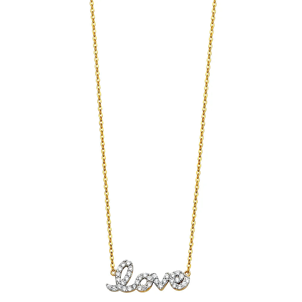 14K Two-Tone Gold Love Script CZ Pendant Necklace 17"+1" Extender
