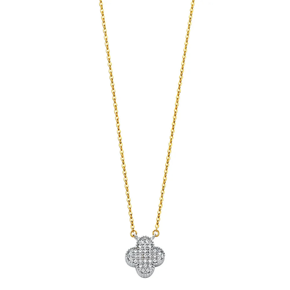 14K Two-Tone Gold Clover Design CZ Necklace 17"+1" Extender