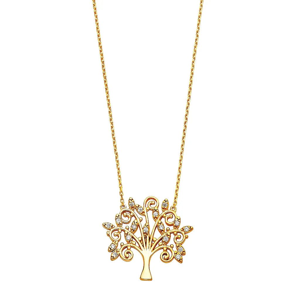 14K Yellow Gold Tree of Life CZ Pendant Necklace – 17" + 1" Extender