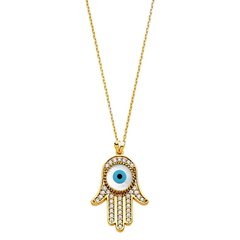 14K Yellow Gold Hamsa Evil Eye CZ Pendant Necklace – 17" + 1" Extender