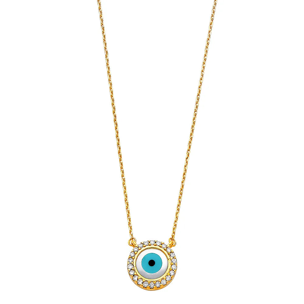 14K Yellow Gold Evil Eye CZ Pendant Necklace – 17" + 1" Extender