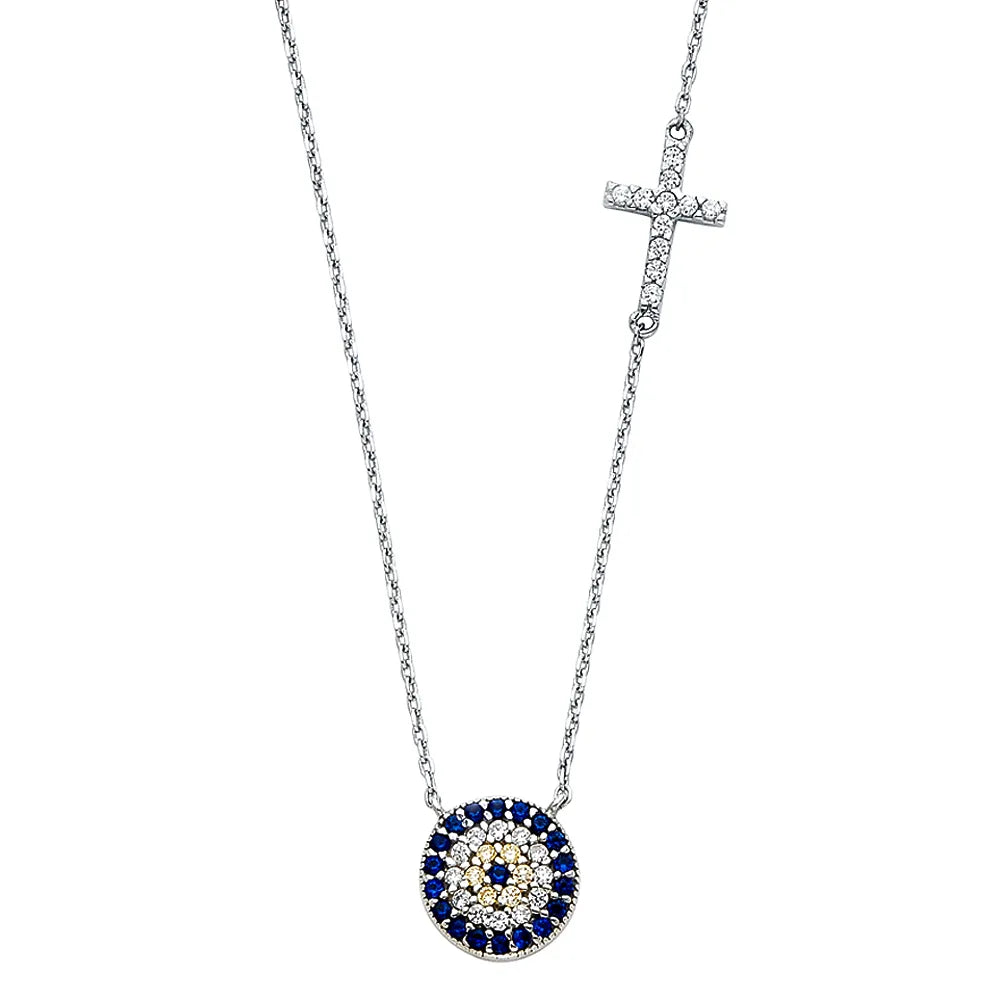 14K White Gold Evil Eye CZ Disc Pendant Necklace with Side Cross – 17" + 1" Extender