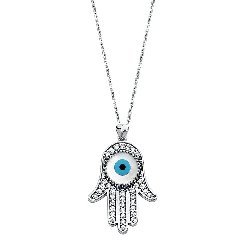 14K White Gold Hamsa Evil Eye CZ Pendant Necklace – 17" + 1" Extender