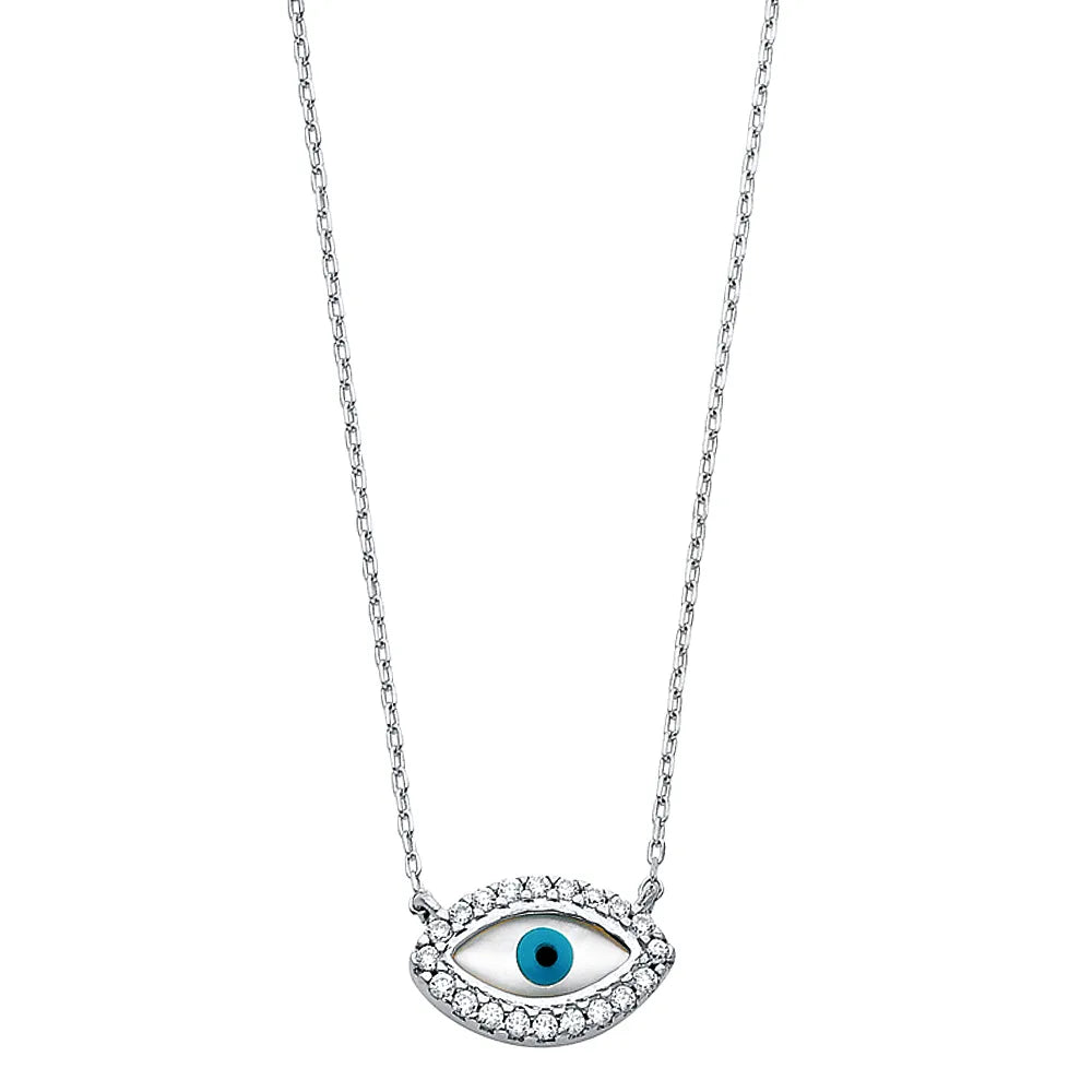 14K White Gold Evil Eye CZ Pendant Necklace – 17" + 1" Extender
