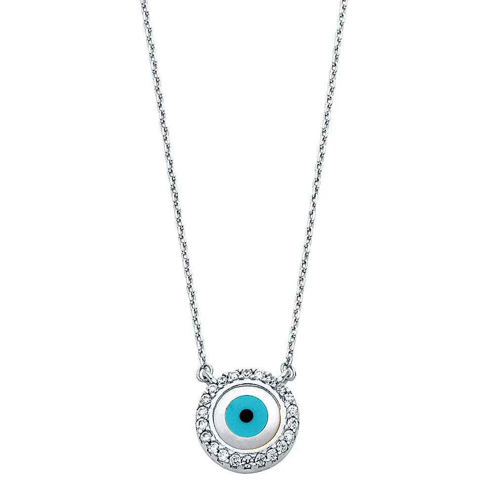 14K White Gold Evil Eye CZ Pendant Necklace – 17" + 1" Extender