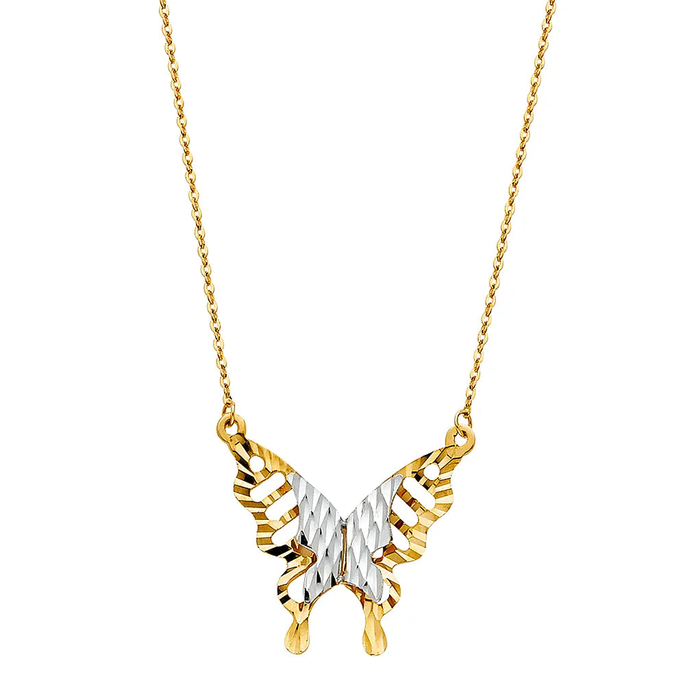 14K Two-Tone Gold Butterfly Design Necklace 17"+1" Extender