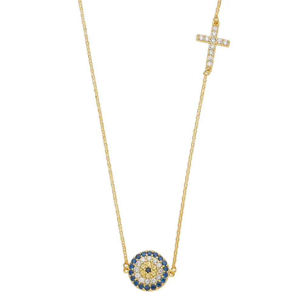 14K Yellow Gold Evil Eye CZ Disc Pendant Necklace with Side Cross – 17" + 1" Extender