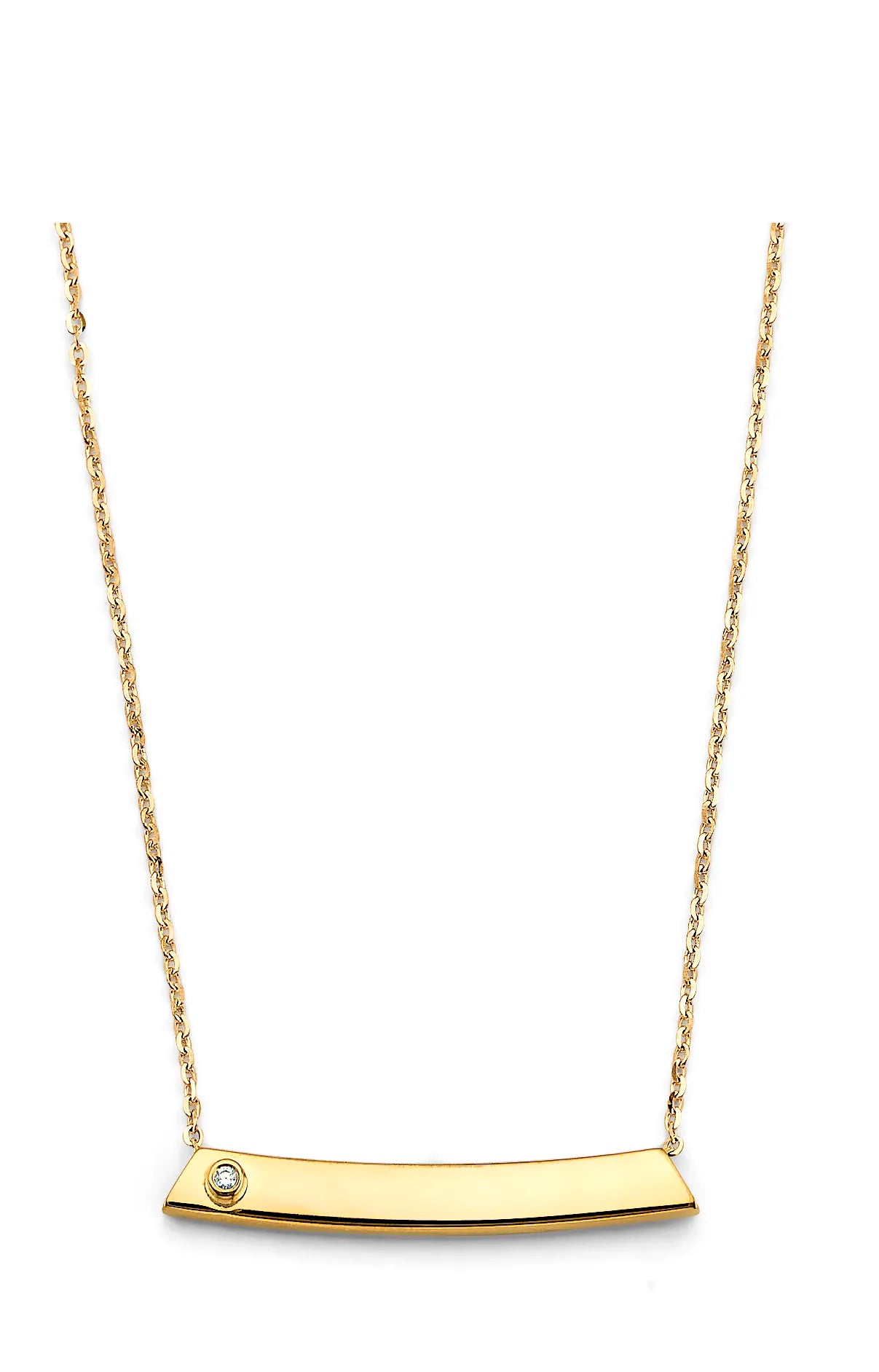 14K Yellow Gold Curved ID Plate CZ Necklace 17"+1" Extender