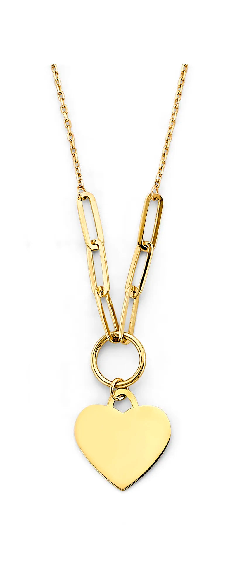 14K Yellow Gold Paperclip Link Heart Charm Necklace 17"+1" Extender