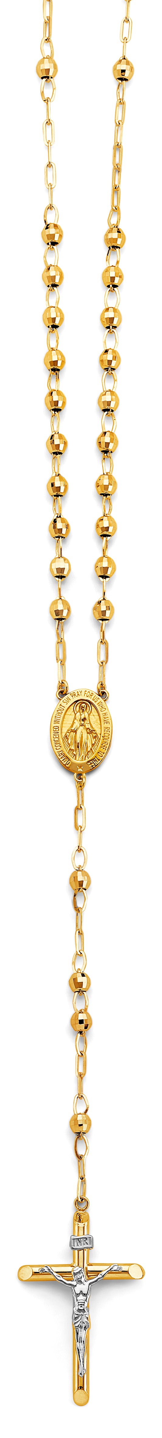 4.0mm 14K Yellow Gold Mirrorball DC Rosary Necklace with Miraculous Virgin Medallion 26 in