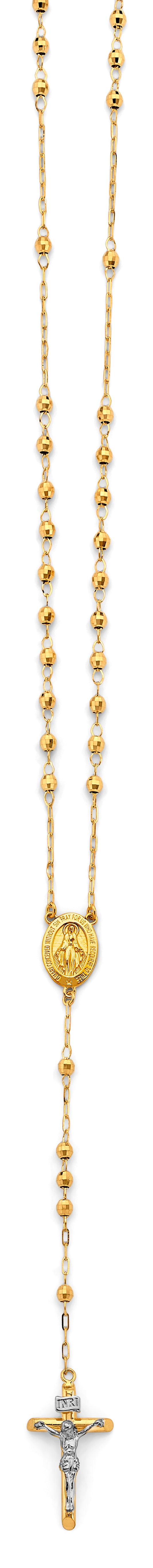 3.0mm 14K Yellow Gold Mirrorball DC Rosary Necklace with Miraculous Virgin Medallion 26 in