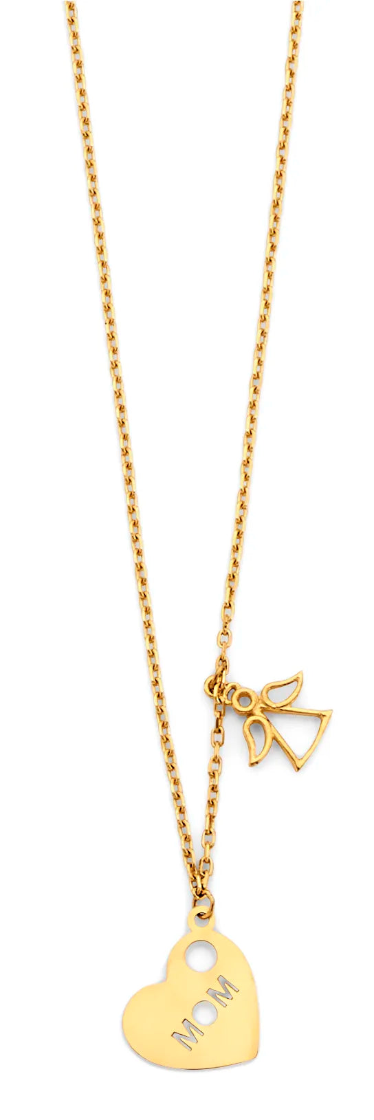 14K Yellow Gold Mom Heart & Angel Double Pendant Necklace 17"+1" Extender
