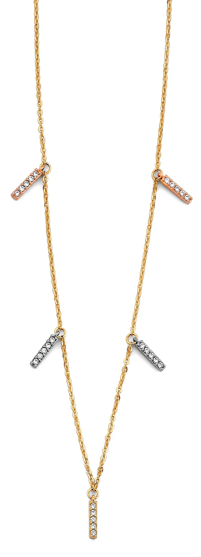 14K Tri-Color Gold CZ Bar Station Necklace – 17" + 1" Extender
