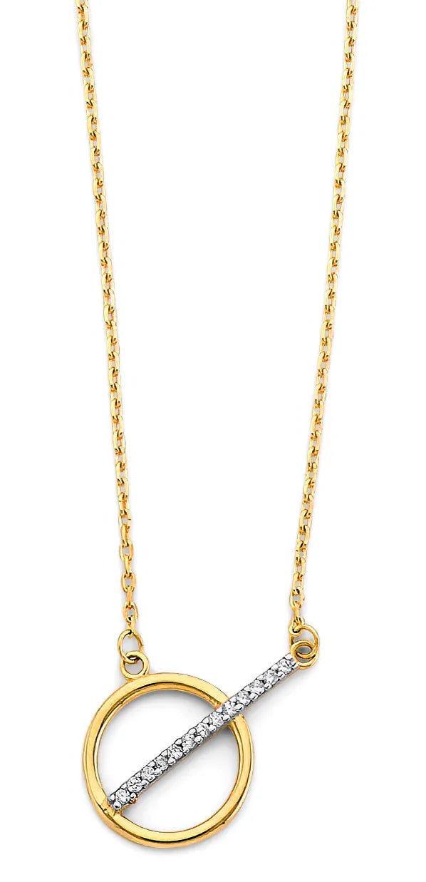 14K Two-Tone Gold Circle Bar CZ Necklace 17"+1" Extender