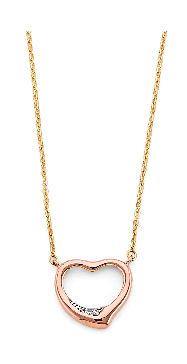 14K Two-Tone Gold Open Heart CZ Pendant Necklace 17"+1" Extender