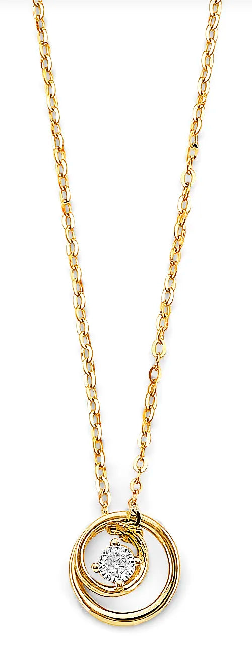 14K Yellow Gold Double Circle CZ Pendant Necklace – 17" + 1" Extender