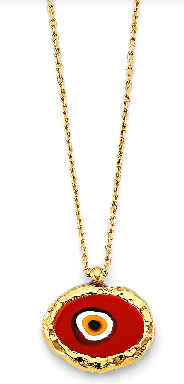14K Yellow Gold Red Evil Eye Enamel Pendant Necklace – 17" + 1" Extender