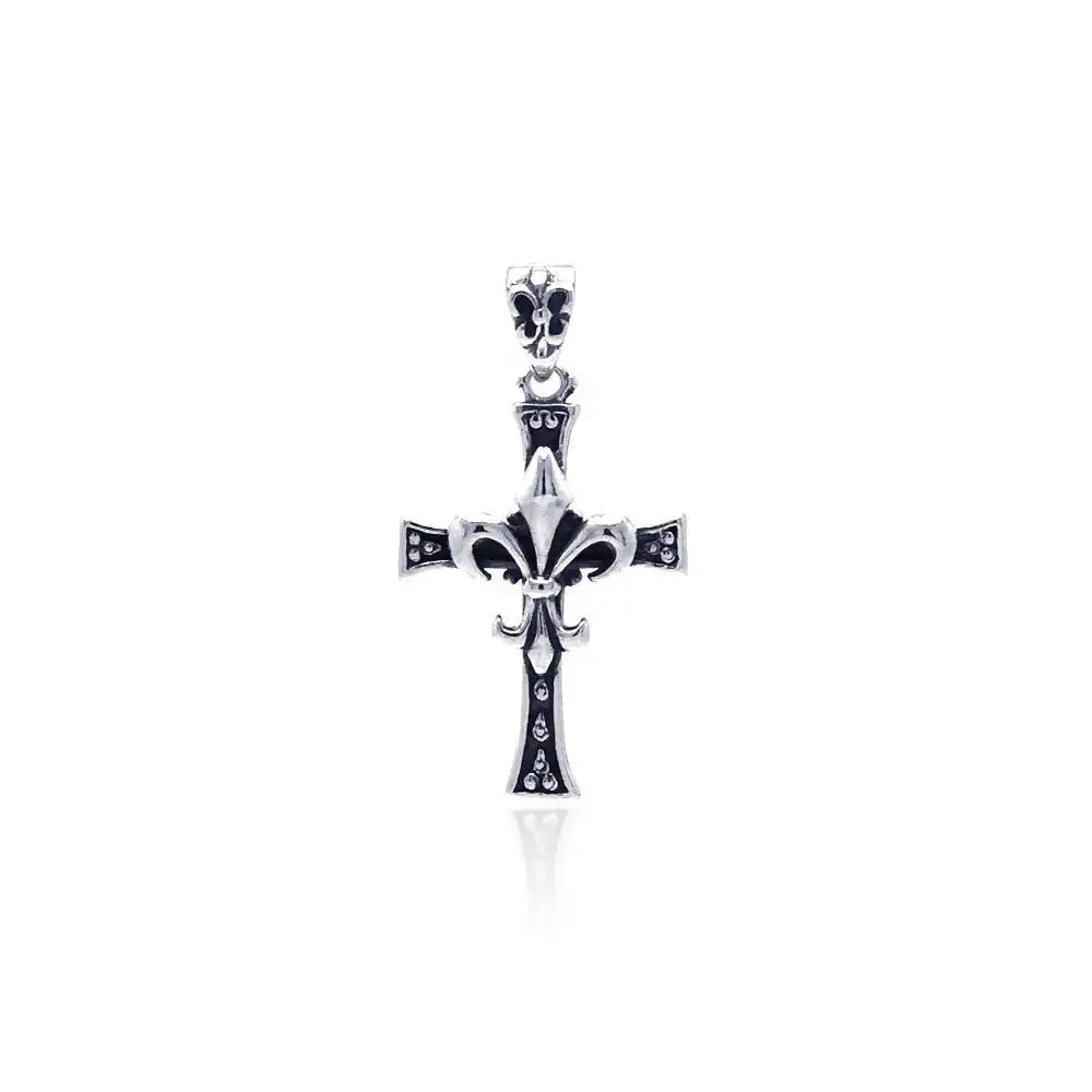 925 Sterling Silver Oxidized Fleur De Lis Cross Pendant