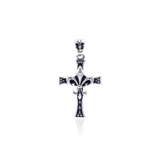 925 Sterling Silver Oxidized Fleur De Lis Cross Pendant
