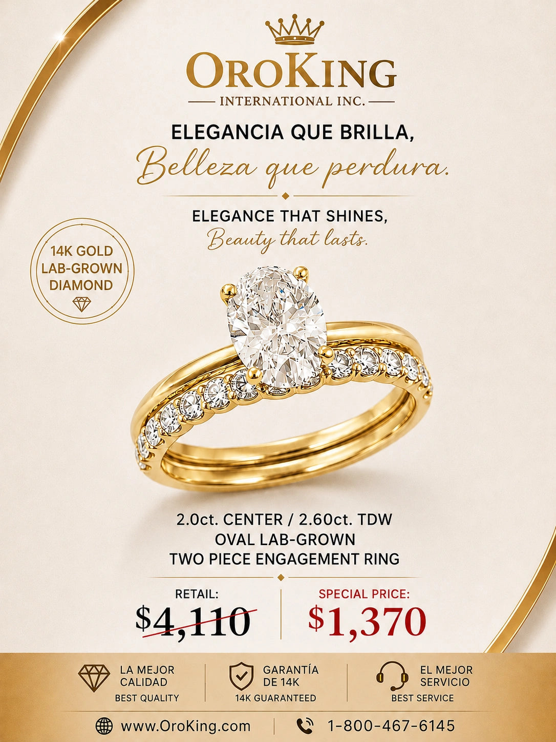 Women's 14K Yellow Gold Lab-Grown Oval Diamond Two-Piece Engagement Ring 2.00ct. Center Stone 2.60ct. TDW