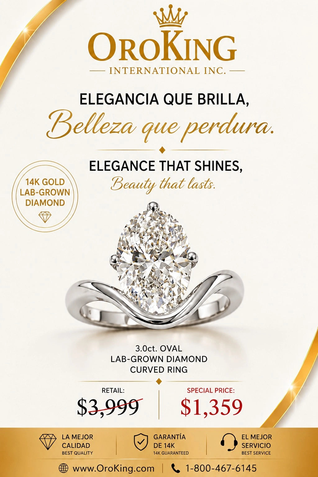 Women's 14K White Gold Certified Lab-Grown Diamond Oval Cut Curved Ring 3.00ct. Center Stone
