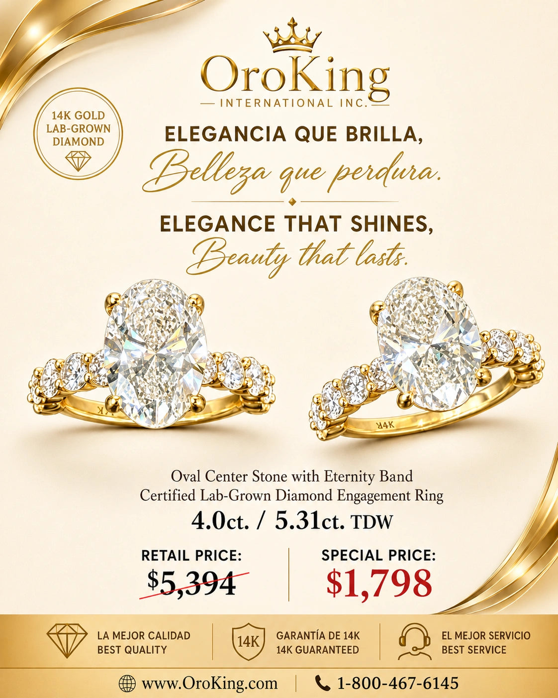 Women's 14K Yellow Gold Lab-Grown Diamond Infinity Design Engagement Ring 4.00ct. Oval Center Stone with Round Side Stone 4.15ct. TDW